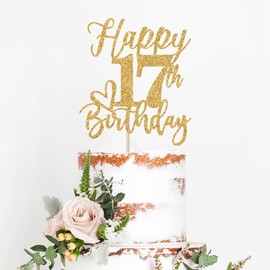 Decoración para tartas de feliz cumpleaños número 17, decoraciones de cumpleaños 17, saludos a 17 años, suministros para fiesta de cumpleaños 17, purpurina dorada