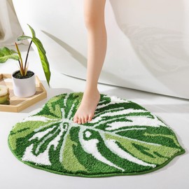 Panstar Green Leaf Mat, Cute Albo Monstera Bath Mat Non Slip Palm Shaped Bathtub Rug Kitchen Bathroom Plush Fun Bathroom Rugs Machine Washable