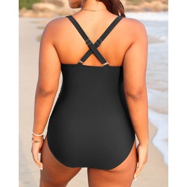 Aqua Eve Women Plus Size One Piece Swimsuits V Neck Tummy Control Bathing Suits Retro Ruched Swimwear Black 26 Plus