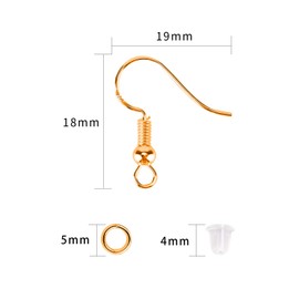 AIEX C03054 300 PCS Earrings Making Supplies Kit 925 Silver Plated Earring Hooks Hypoallergenic Ear Wire Hooks for DIY Earring Making with Clear Earring Safety Backs and Jump Rings(Gold)