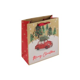 Eurowrap Brown Kraft Paper Merry Christmas Car Design Gift Bag with Gift Tag - Medium - Eco Friendly Fully Recyclable - Gift Bag for Christmas, Gift Wrap, Xmas, Festive Gift Bag