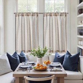 TOPICK Striped Panel Curtains, Linen Curtains with Stripes, Kitchen Curtain, Opaque, Short Kitchen Curtains for Kitchen, Dining Room, Bathroom, Small Window, 65 W x 60 H (cm) Mixed Blue