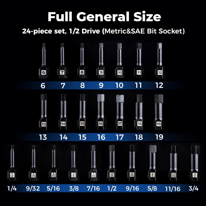 toolant 1/2" drive impact hex bit socket set 24PCS,Hex Drive,