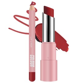 Premium Long Lasting Waterproof Red Lip Liner & Lipstick Set for Women - 2-in-1 Matte Lip Kit with Smudge-Proof Formula, Perfect for Date Night & Parties (Rose Red)