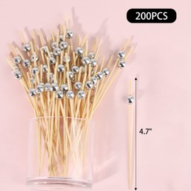 200PCS Silver Pearl Cocktail Picks 4.7" Long Fancy Toothpicks Silver Pearl Food Picks Decorative Bamboo Food Picks for Appetizers Fruits Party Favor (Silver)