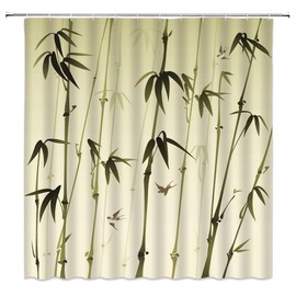 AMHNF Vintage Bamboo Shower Curtain Retro Chinese Style Ink Painting Bamboo Bird Home Bathroom Decor Curtain , 70x70Inch with Hooks Fabric, Green Beige