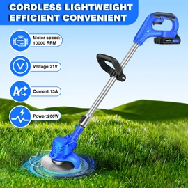 21V Cordless Strimmer, Cordless Lawn Trimmer Weed Wacker with 12x Metal Blades, 10000RPM, 2X 1500mAh Battery, Electric Garden Strimmer Grass Cutter for Lawn Edger Pruning Weed, Blue