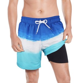 MILANKERR Men Swim Trunks with Compression Liner,Men Bathing Suits with Boxer Brief Lining 5.5 Inch Inseam Shorts(Sea Sky,Large)