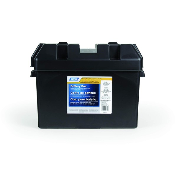 Camco Large Battery Box with Straps and Hardware - Group 27, 30, 31 |Safely Stores RV, Automotive, and Marine Batteries | Measures Inside 7-1/4" x 13-1/4" x 8-5/8" | (55373), Black