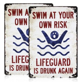 2 Pcs Swim at Your Own Risk Sign, 12" x 8" Vintage Metal Pool Signs for Outside, Funny Outdoor Signs for Wall, Durable Outdoor Pool Decor, Rustic Deck Accessories for Patio