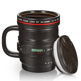 Cabtnca - Taza de café con lente de cámara, regalo para fotógrafos, regalos geniales para fotógrafos, taza de cerámica para cámara, regalos de fotografía de Navidad, taza de lente de cámara con tapa y