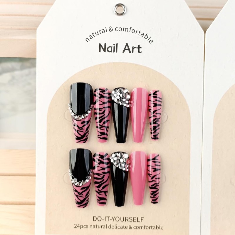 Dikixe Extra Long Coffin Pink Leopard Glossy Press On Nails