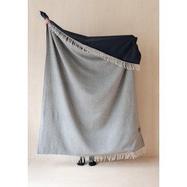 Recycled Wool Picnic Blanket Charcoal Grey Herringbone with Brown Leather Carrier