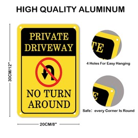 Warning Metal Sign Private Driveway No Turn Around Outdoor Aluminum Metal Sign Fade Resistance Durable Rust Free UV Protected Wall Decor Signs Decoration for Home Business Driveway Gate Garage 12x8in