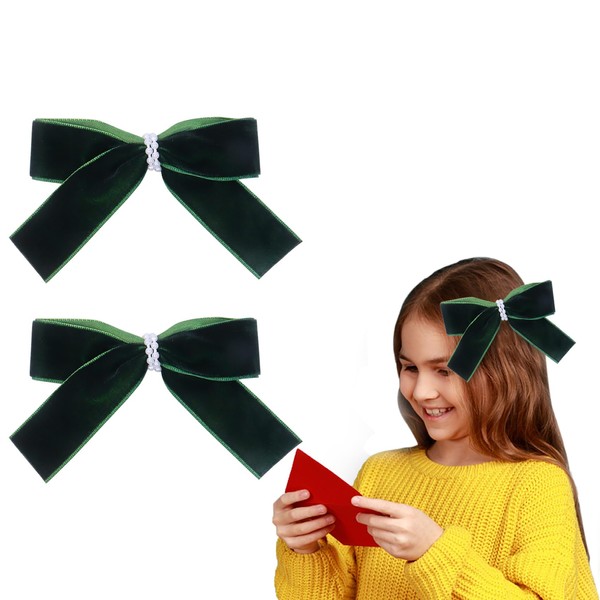 2 Pieces Velvet Hair Bows Bowknot Hair Clips for Women Girls Christmas Hair Clips Accessories (Green)