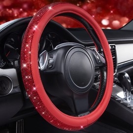 CAR PASS Bling Diamond Leather Steering Wheel Cover, with Bling Sparkly Crystal Glitter Rhinestones Universal Fit 14" 1/2-15" Car Wheel Protect for Women Girl Fit Suvs,Vans,Sedans,Cars,Trucks, Red