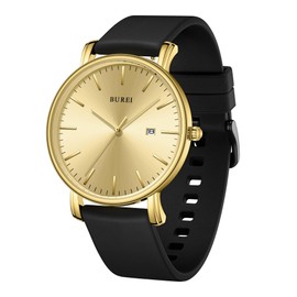 BUREI Men's Wristwatch, Simple, Analog, Waterproof, Quartz, Date, Ultra-thin, Lightweight, Fashionable, Business, Popular, Brand, Black Silica Gel Strap, gold
