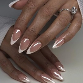 SXVME Chrome White French Tip Press on Nails Almond Medium, Glue on Short Gel Acrylic False Nails for Women - 24 Pcs