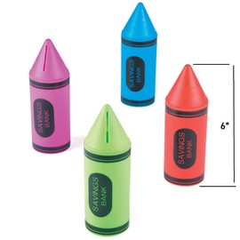 Colorful Cool 6" Crayon Savings Money Coin Banks (12 Pack) Green, Red, Yellow and Purple! Plastic. Individually Packaged.