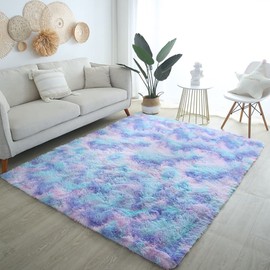 EMPVEX Luxury Rug for Bedroom, Fluffy Blue Purple Tie Dye Area Rugs Living Room, 3-layer Material Carpet Nursery Rugs, Blue Purple 60x120cm