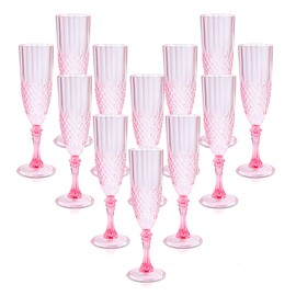 12 Pcs Plastic Pink Champagne Flutes Goblets 7Oz Champagne Wine Glasses Bulk Reusable Drinkware Vintage Champagne for Parties Wedding cocktail Bachelor Parties, Toasting, and Events