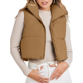 MEROKEETY Women's Crop Puffer Vest Lightweight Stand Collar Sleeveless Zip Up Padded Gilet Coat,Khaki
