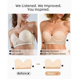 Upushall Strapless Longline Bras for Women Lace Push Up Padded Underwire Bra with Convertible Straps Beige 36B