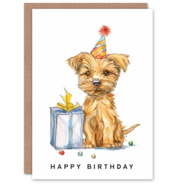 Artery8 Birthday Card Cute Terrier Dog Puppy Party Hat Kids Child for Son Daughter Girl Boy Happy Card