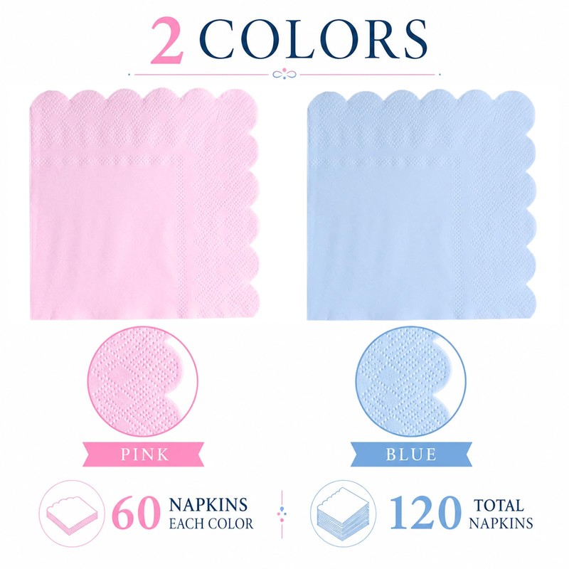 120 Pcs Pink and Blue Napkins,Gradient Pink and Blue Scalloped