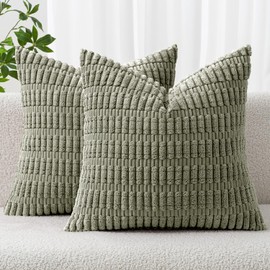 MIULEE Pack of 2 Corduroy Decorative Throw Pillow Covers 18x18 Inch Soft Boho Striped Pillow Covers Modern Farmhouse Home Decor for Summer Sofa Living Room Couch Bed Light Olive Green