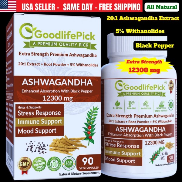 Best Ashwagandha 12300 mg with 5% Withanolides Black Pepper 90
