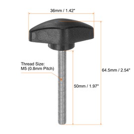 QUARKZMAN Pack of 4 T-wing Knobs Thumb Screws M5 x 50 mm Standard Male Thread Plastic T Buttons Hand Clamp Knobs Handle Thumb Screw, Black