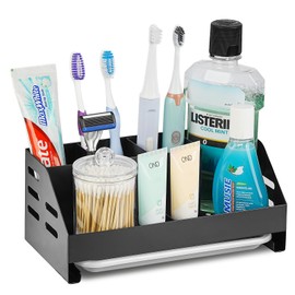 Samhe Toothbrush Holder, Bathroom Countertop Accessories Organizer, 5 Compartments Electric Toothbrush Toothpaste Holder with Drain Tray