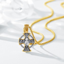 Thanches Catholic 4-Way Cross Pendant Necklace for Men Women, 925 Sterling Silver 18K Gold Plated St Benedict Jude Joseph Gabriel Jesus Michael Religious Jewelry Protection Amulet Patron Saint Gifts