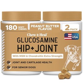 Dog Glucosamine Chews, 180 Count - Hip and Joint Supplement for Dogs - MSM, Chondroitin for Joint and Cartilage Health – Puppies, Seniors, Small, Large Breeds, Peanut Butter Flavor (2 Packs of 90)