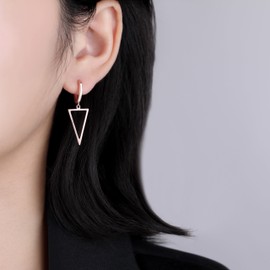 SLUYNZ 925 Sterling Silver Triangle Dangle Earrings for Women Teens Simple Geometric Dangle Earrings Minimalist Hoop Earrings Drop (C-ROSE GOLD)