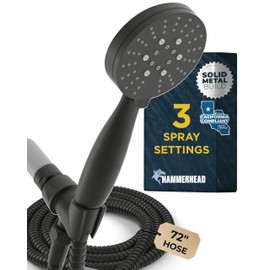 HammerHead Showers® Solid Metal 3-Spray Handheld Shower Head with Long Hose and Holder - MATTE BLACK - WIDE, MASSAGE, and MIST Sprays - 1.8 GPM Low Flow Handheld Showerhead - Water Saving Shower Head
