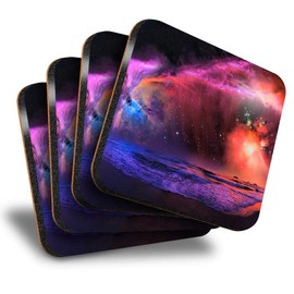 Destination Vinyl ltd Great Coasters (Set of 4) Square - Fantasy Galaxy Sky Beach Scene Drink Glossy Coasters/Tabletop Protection for Any Table Type #45001