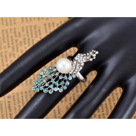 Alilang Silver Tone Synthetic Aquamarine Crystal Rhinestone Faux Pearl Peacock Bird Adjustable Ring