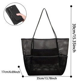 Cadimus Mesh Beach Bag, Foldable Beach Handbag XXL, Beach Tote Bag Women, Mesh Beach Bag with Multiple Pockets and Inner Pockets with Zip, for Family, Beach, Camping, Shopping, Travel, black