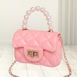 Women's Elegant Small Saddle Bag Pearl Handle Tote Bag Flap Crossbody Bag Chain Strap Shoulder Bag for Party Dating Daily Causal Use - Color: Pink