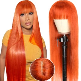 Ruiyu Ginger Orange Wigs Human Hair with Bangs 2x4 HD Lace Closure Straight 100% Brazilian Human Hair Wigs with Bangs Colored 350# Ready to Wear and Go Glueless Wigs for Women 28 Inch
