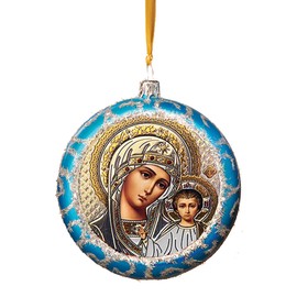 Christmas Ornament Decoration Icon Virgin Mary Virgin of Kazan Christ Religious Christmas Ornament Decor Gift 4 1/2 Inch, Not Breakable, Blue