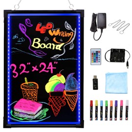 Voilamart LED Message Writing Board, 32" x 24" Flashing Illuminated Erasable LED Message Chalkboard Neon Effect Menu Sign Board with Remote Control, 8 Colors Chalk Markers