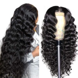 BINF Wigs Human Hair Loose Wave Lace Front Wigs Human Hair Pre Plucked Pre Cut Glueless Loose Deep Wave Wig HD Transparent 4x4 Lace Closure Wig for Women 24 Inch Natural Black