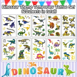 LEADTEAM 20 Sheets Dino Tattoo Children, Glitter Tattoo Dino Stickers Dinosaur Toy Kids Tattoo Boys Dino Party Dino Gift Birthday Decoration Party Bag Children's Birthday Decoration