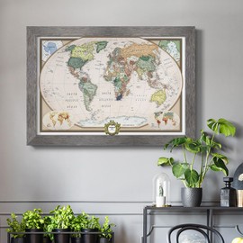 Renditions Gallery Colorful World Map Canvas Wall Art with Vintage Silver Wood Frame Wall Hanging Travel Map with Push Pins for Home, Office, Classroom