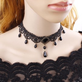 Aneneiceera Boho Rhinestone Black Lace Choker Necklace Black Drop Necklace Choker Gothic Drop Crystal Collar Necklace Retro Vintage Clavicle Necklace Chain Jewellery Gifts for Women