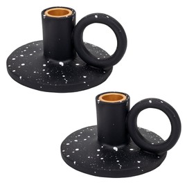Elanze Designs Vintage Style Resin Stone Taper Candle Holders, Mantle Decorations, Dining Table Centerpiece, Home Decor, Candlestick Holder for Tapered Candles, Pack of 2, Black and White Speckles