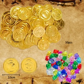 CXNXFD Pack of 100 Gold Coins Pirate Treasure Set (50 Gold Taler Children and 50 Pirate Gemstones), Pirate Treasure for Children, Pirate Party Bags, Treasure Hunt Children's Birthday Party